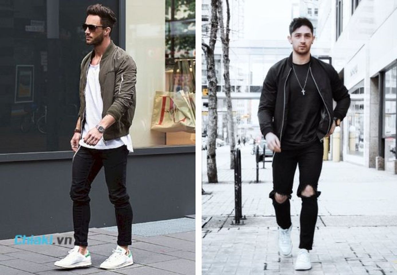 Phối đồ với gi&agrave;y thể thao trắng nam v&agrave; &aacute;o kho&aacute;c bomber