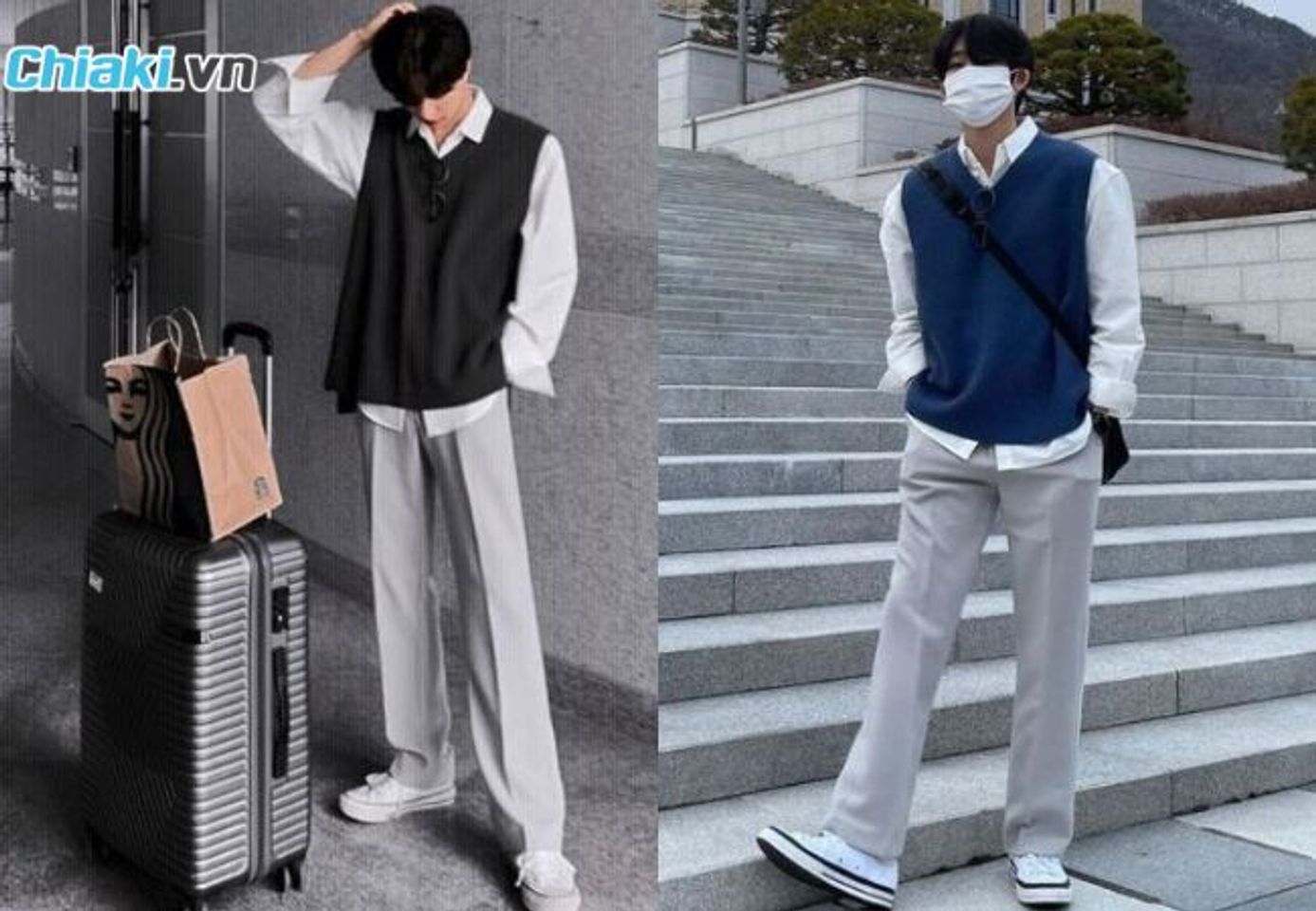 Phong c&aacute;ch phối đồ H&agrave;n Quốc &aacute;o Gile phối sơ mi + quần xu&ocirc;ng v&agrave; gi&agrave;y Converse