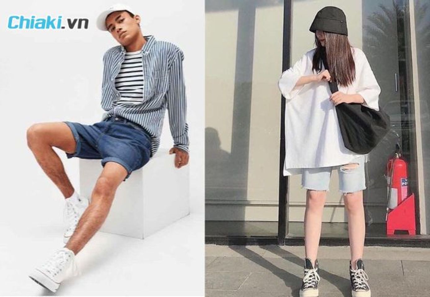 Sơ mi hoặc &aacute;o ph&ocirc;ng v&agrave; quần short jean c&ugrave;ng Converse cổ cao