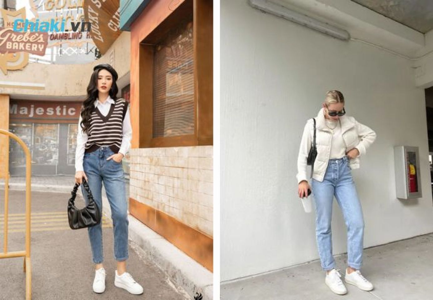 S&agrave;nh điệu với gi&agrave;y thể thao trắng c&ugrave;ng quần jean v&agrave; &aacute;o gile