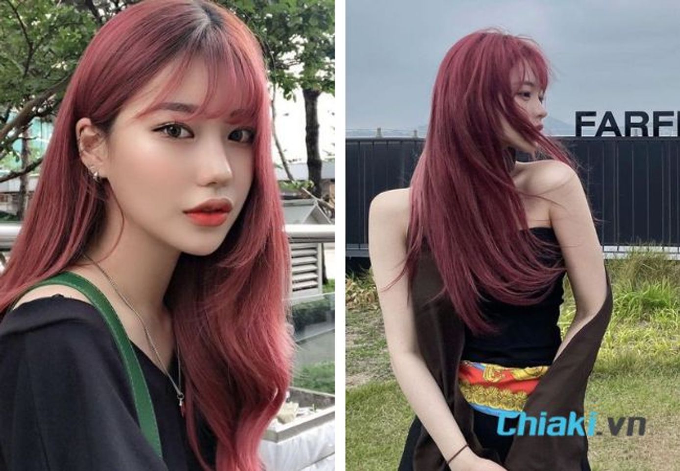 T&oacute;c layer d&agrave;i m&aacute;i thưa nhuộm n&acirc;u đỏ cherry