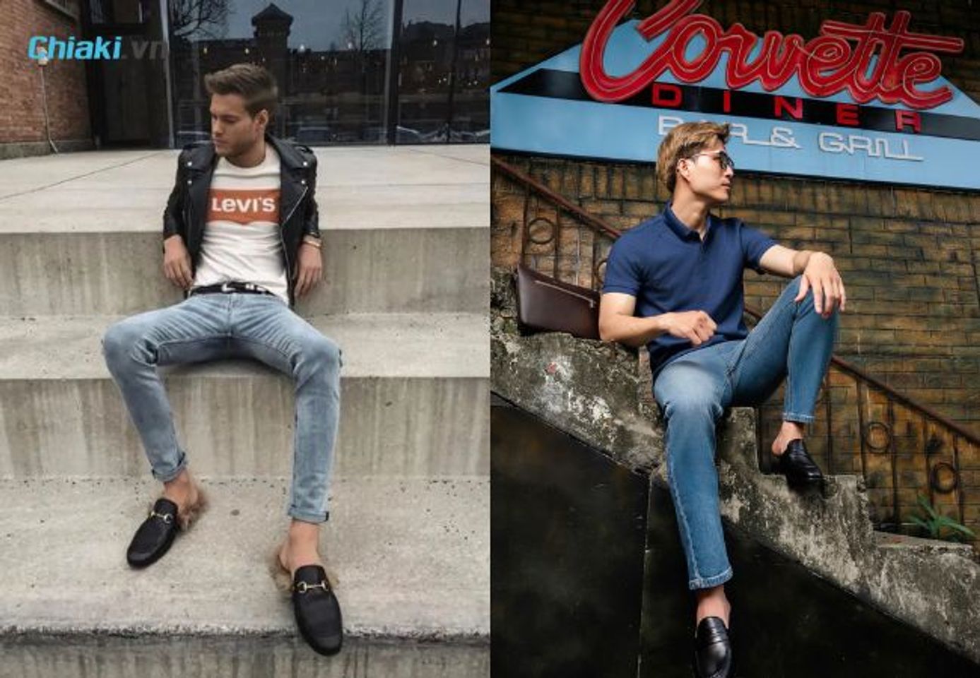 Trẻ trung c&ugrave;ng gi&agrave;y sục nam v&agrave; quần jean