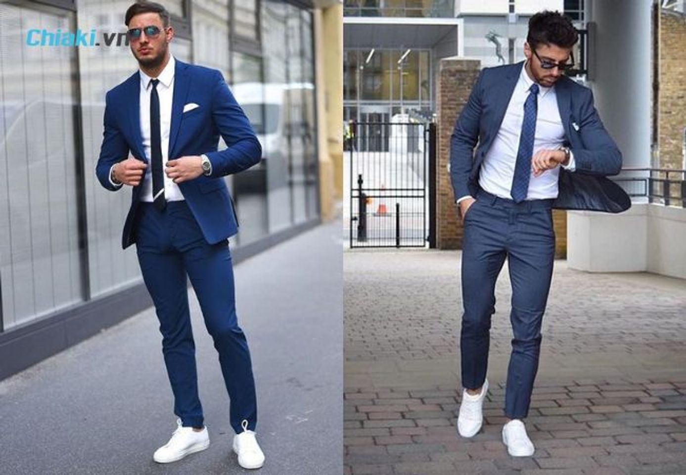 Gi&agrave;y thể thao c&ugrave;ng m&agrave;u với vest m&agrave;u xanh navy khiến tổng thể trang phục tr&ocirc;ng hiện đại hơn