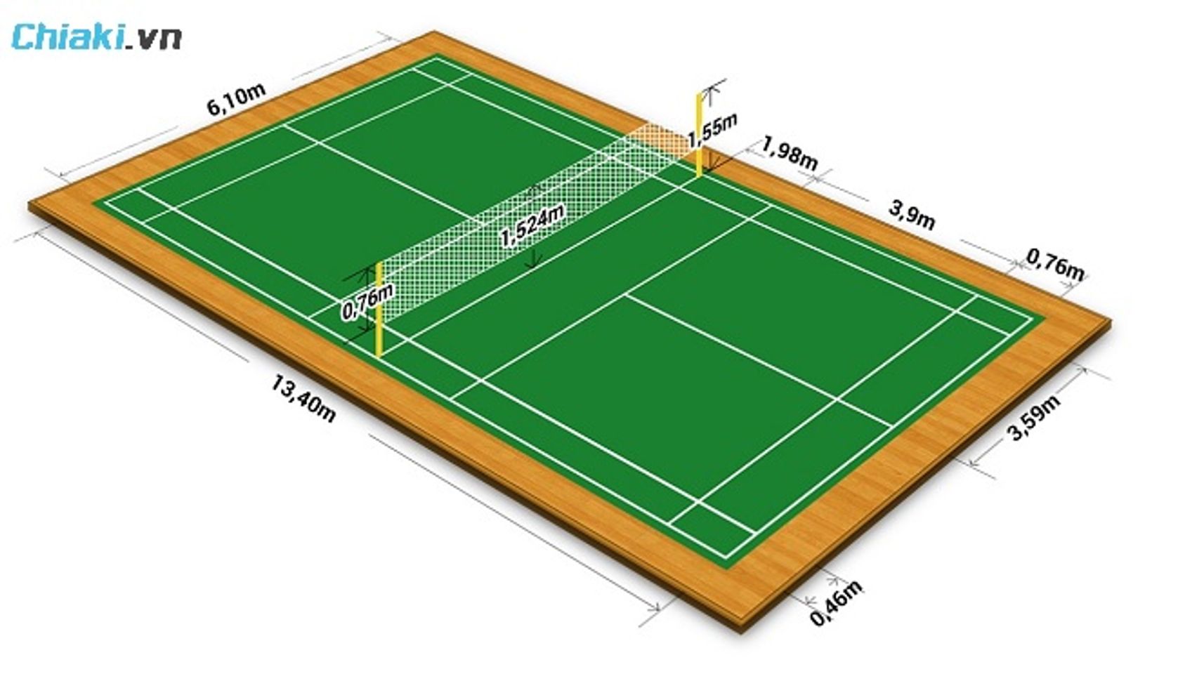 K&iacute;ch thước s&acirc;n cầu l&ocirc;ng đơn c&oacute; chiều d&agrave;i s&acirc;n 13,4m