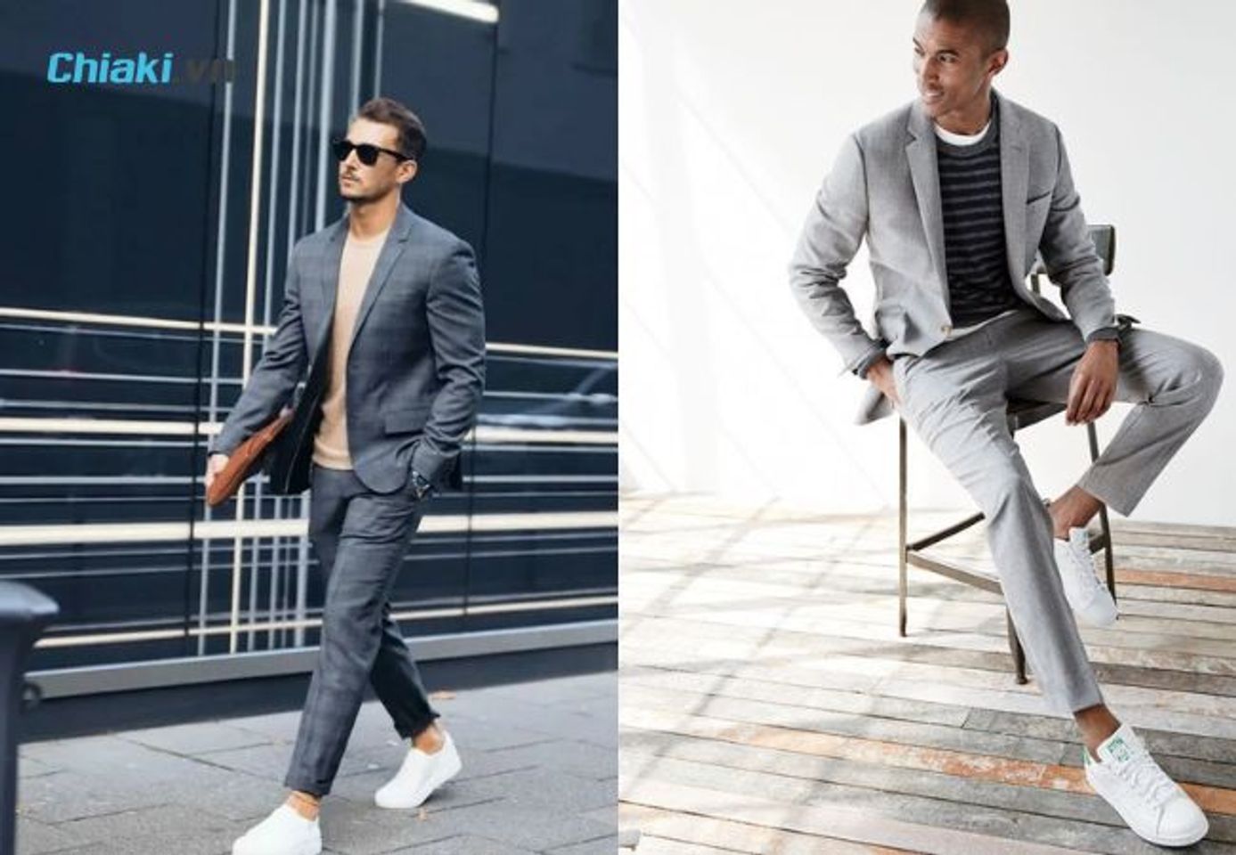 Phối gi&agrave;y thể thao với vest m&agrave;u x&aacute;m gi&uacute;p bạn trẻ trung v&agrave; năng động hơn