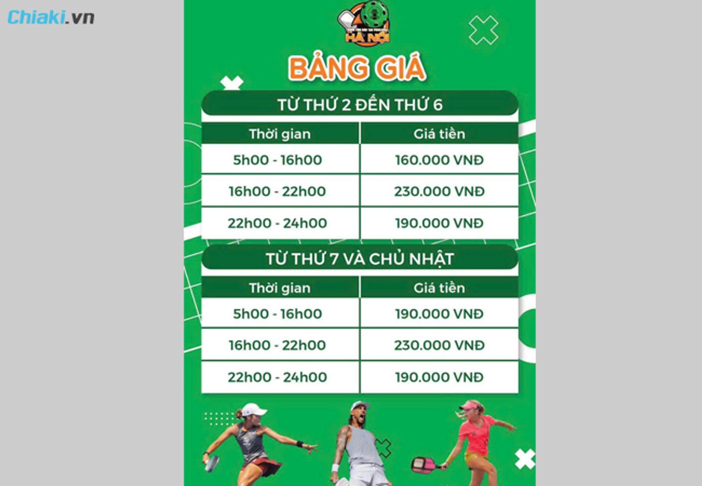 bảng gi&aacute; s&acirc;n pickleball Ho&agrave;ng Quốc Việt
