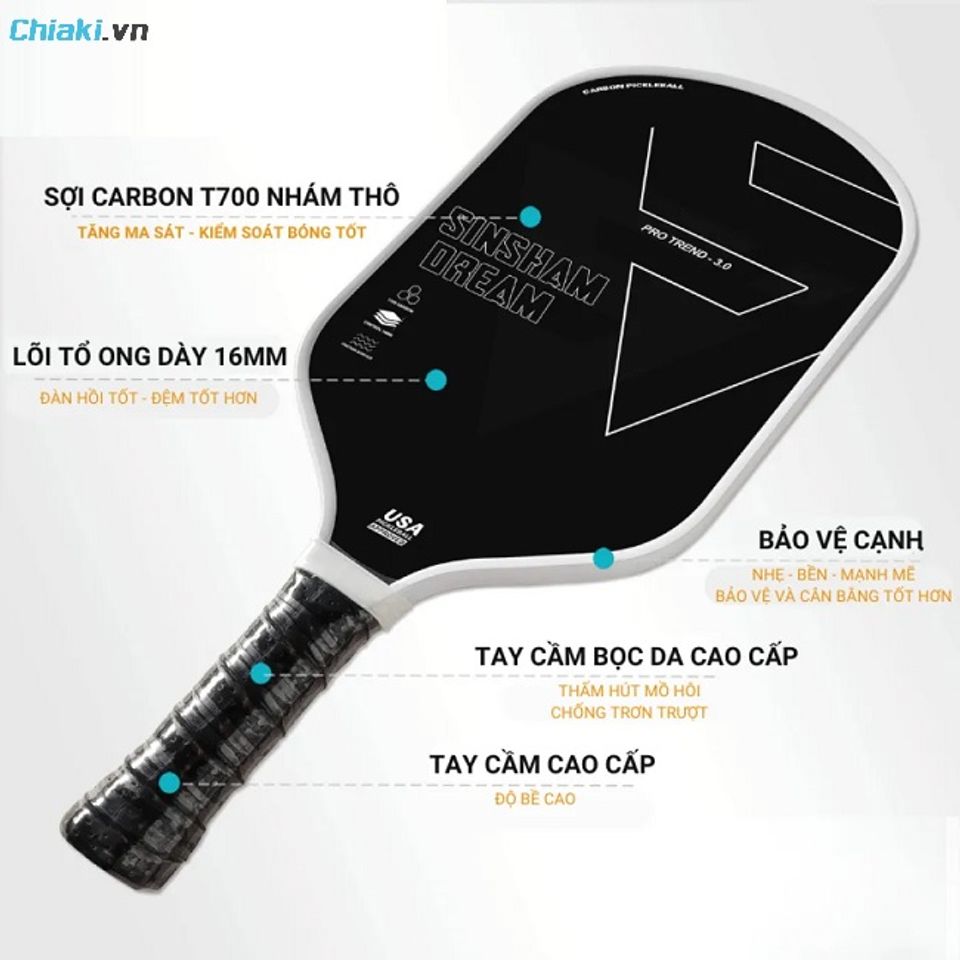 Vợt pickleball Sinsham T700 16mm c&acirc;n bằng được sức mạnh đ&aacute;nh