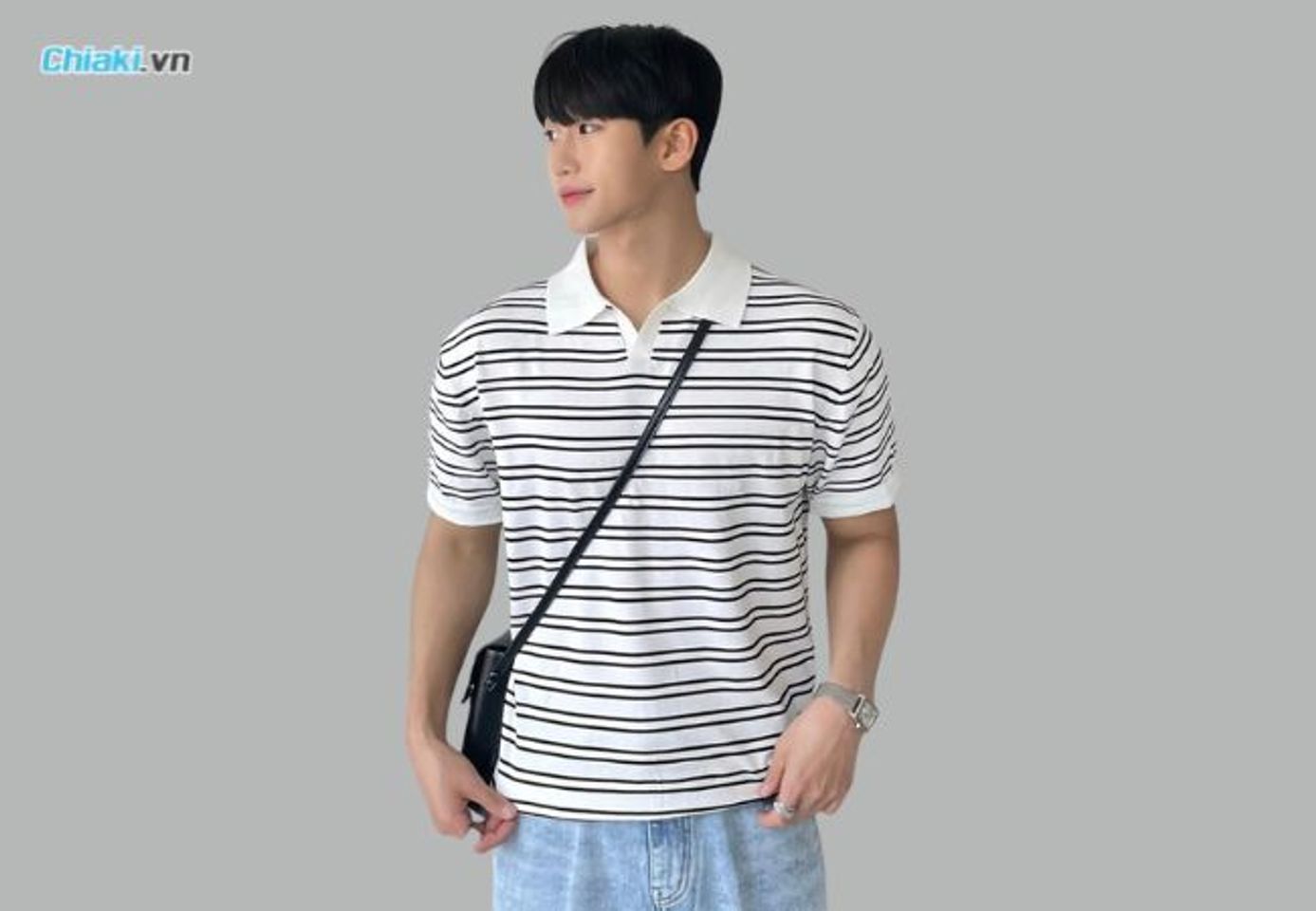 &Aacute;o Polo nam form rộng kẻ