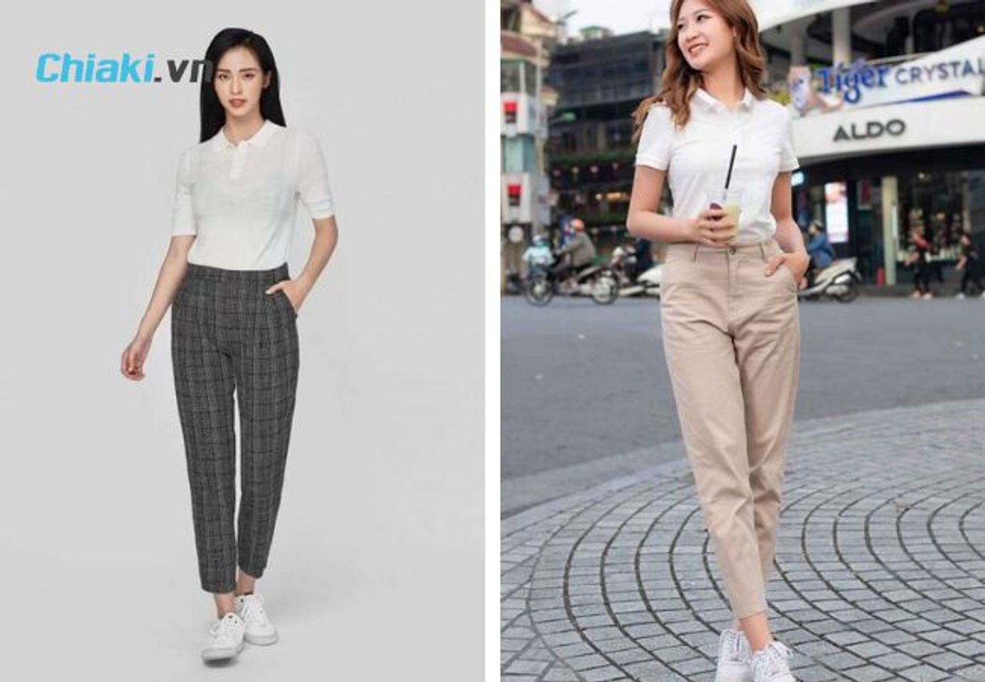 &Aacute;o polo nữ phối c&ugrave;ng quần baggy