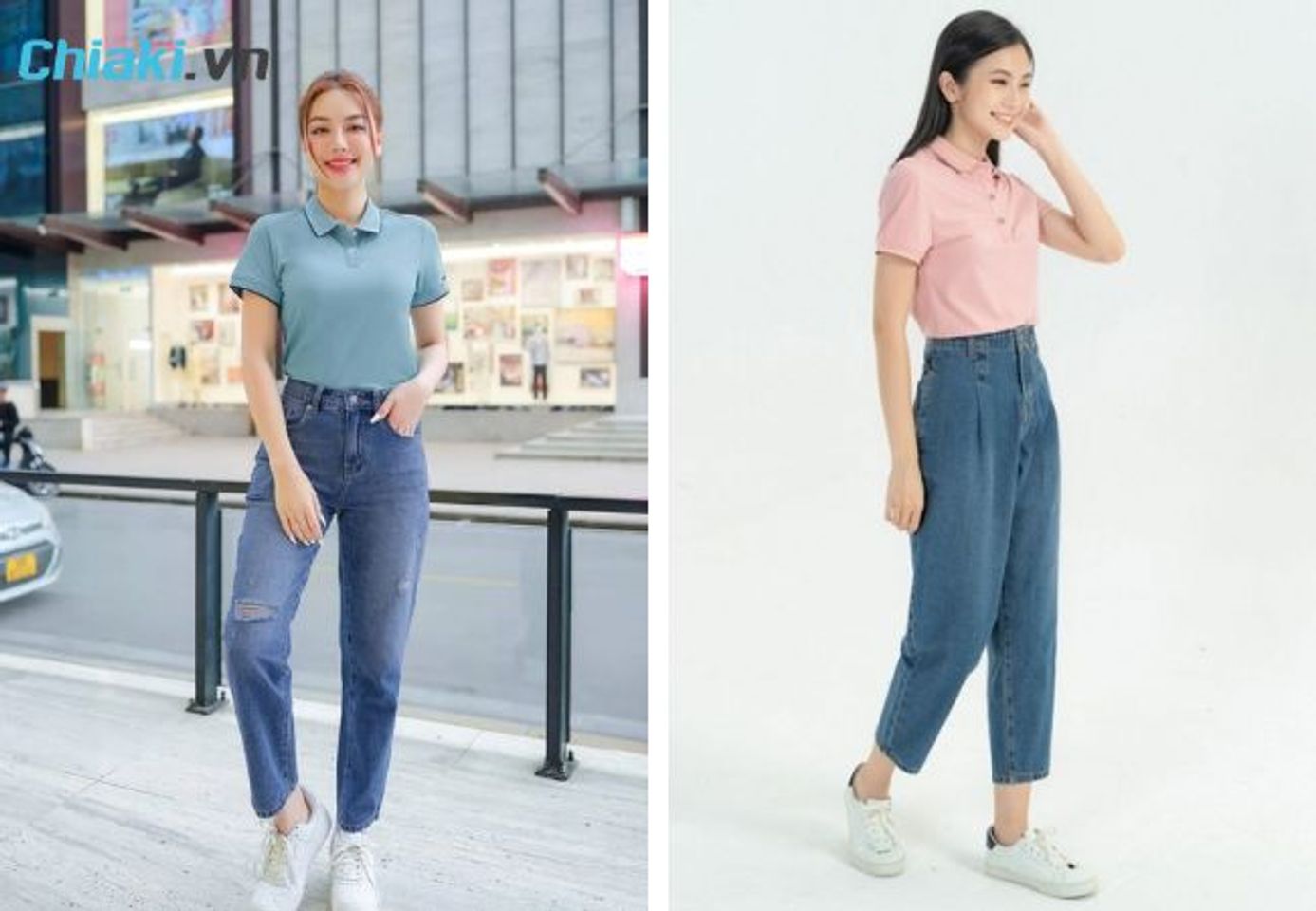 &Aacute;o polo nữ phối c&ugrave;ng quần jeans