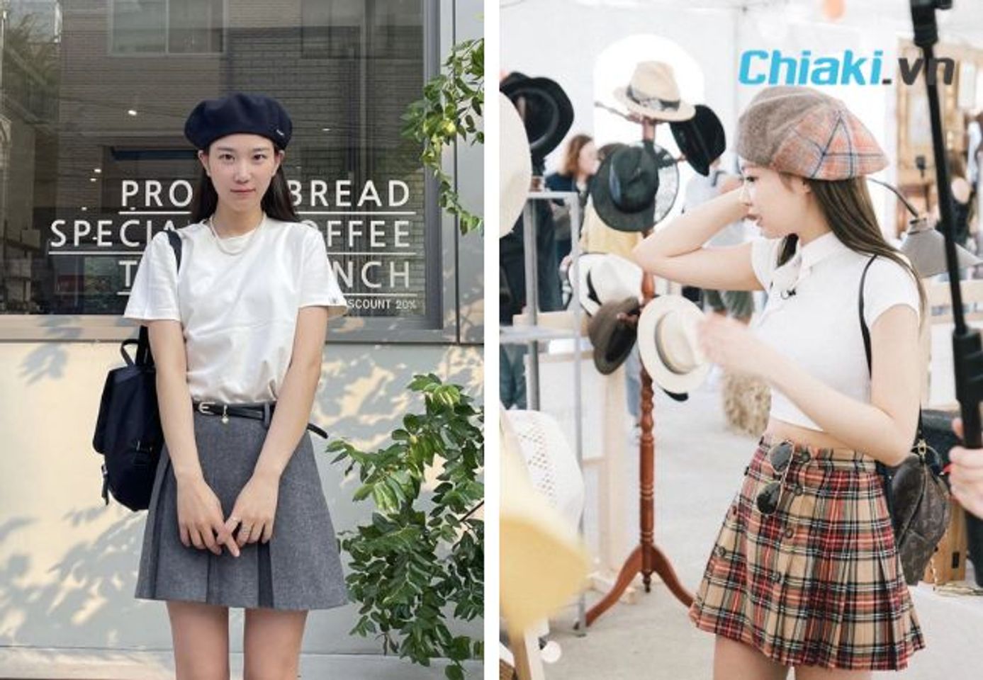 Mix mũ nồi với &aacute;o thun v&agrave; v&aacute;y ngắn
