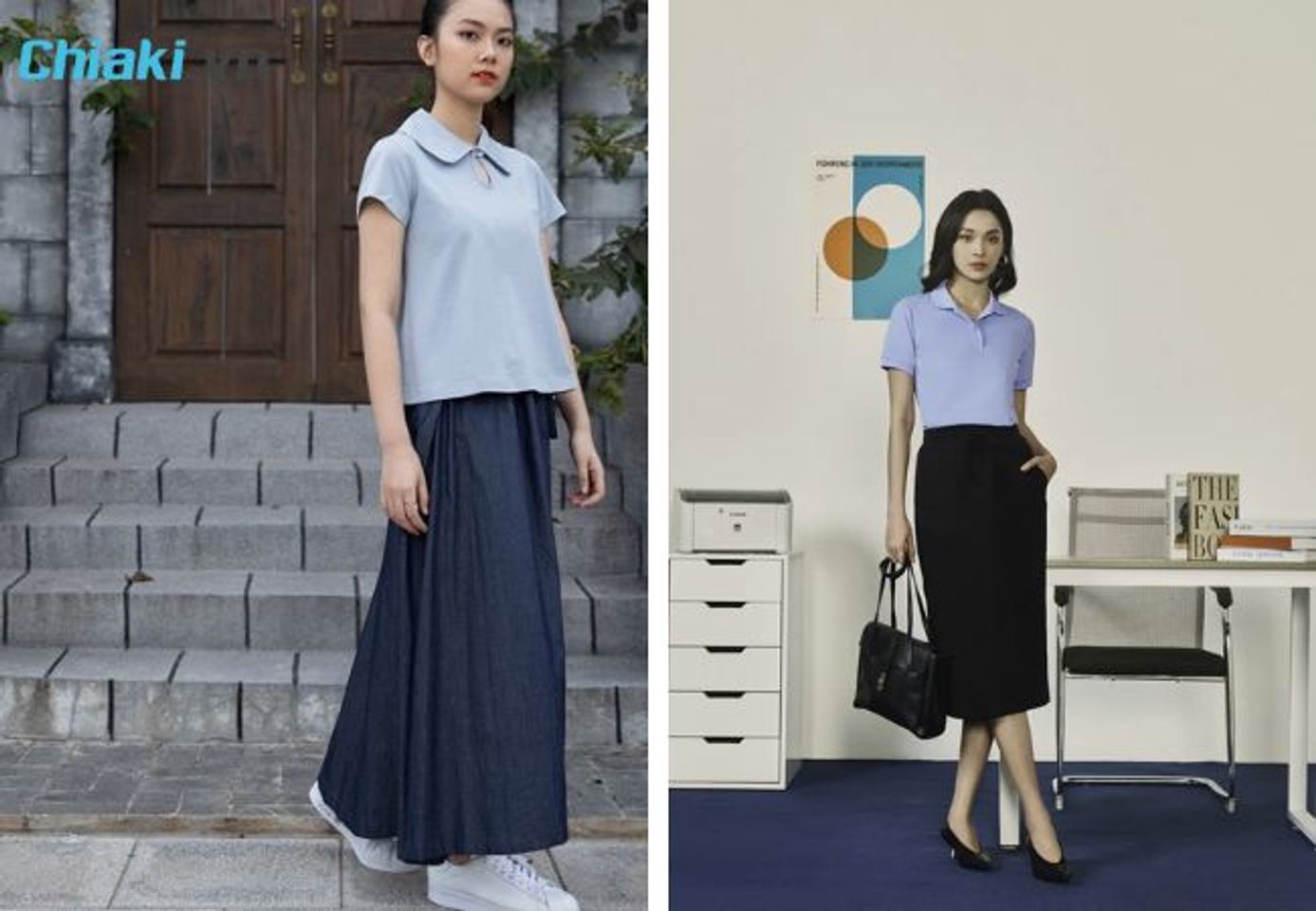 Phối &aacute;o polo nữ c&ugrave;ng ch&acirc;n v&aacute;y chữ A d&aacute;ng d&agrave;i