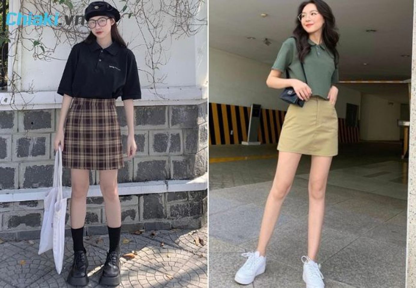 Phối &aacute;o polo với ch&acirc;n v&aacute;y chữ A d&aacute;ng ngắn