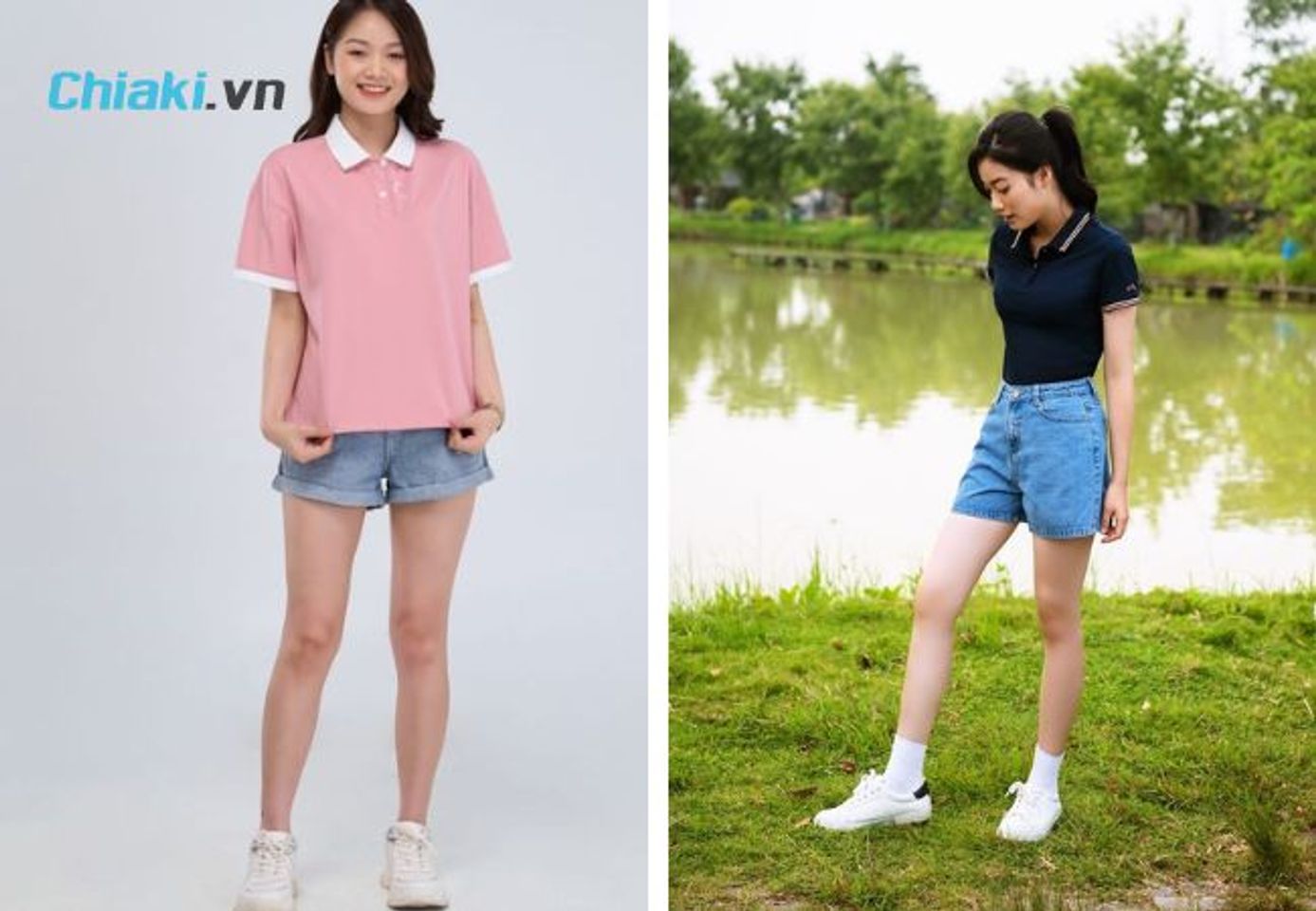Quần short jean phối c&ugrave;ng &aacute;o polo nữ