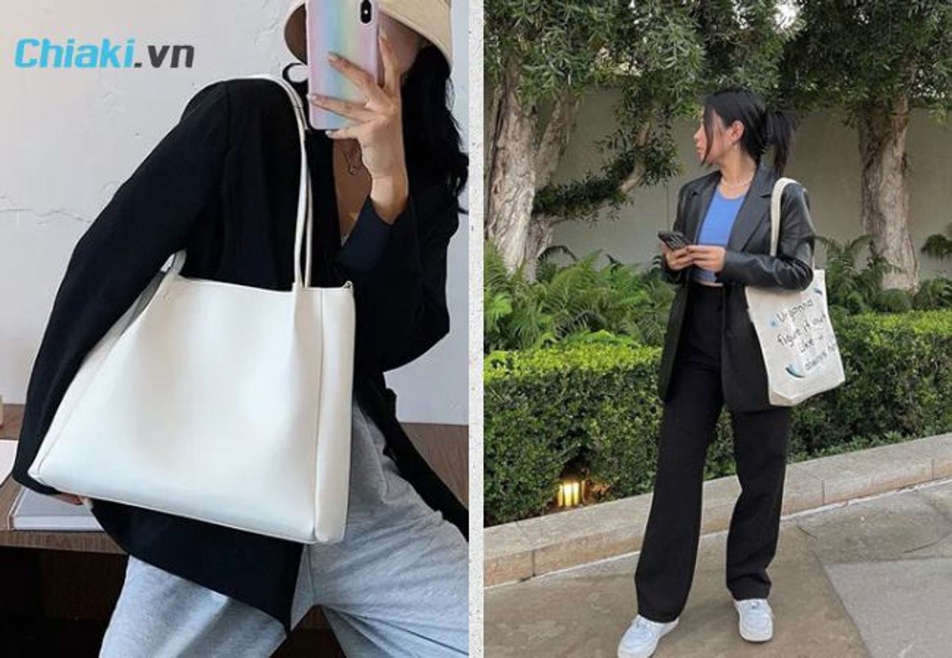 &Aacute;o blazer đen mix Tote trắng