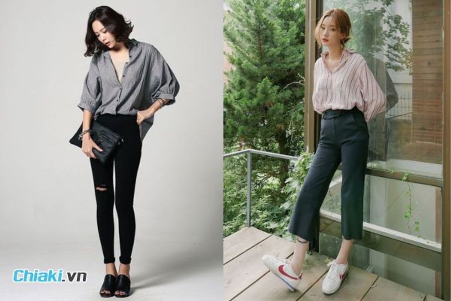 &Aacute;o sơ mi d&aacute;ng ngoại cỡ + quần skinny