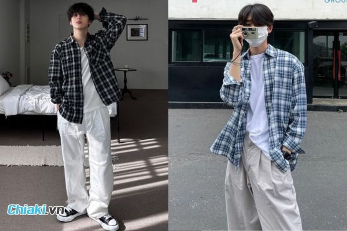 &Aacute;o sơ mi d&aacute;ng rộng kẻ caro kho&aacute;c ngo&agrave;i + &aacute;o thun trơn + quần baggy