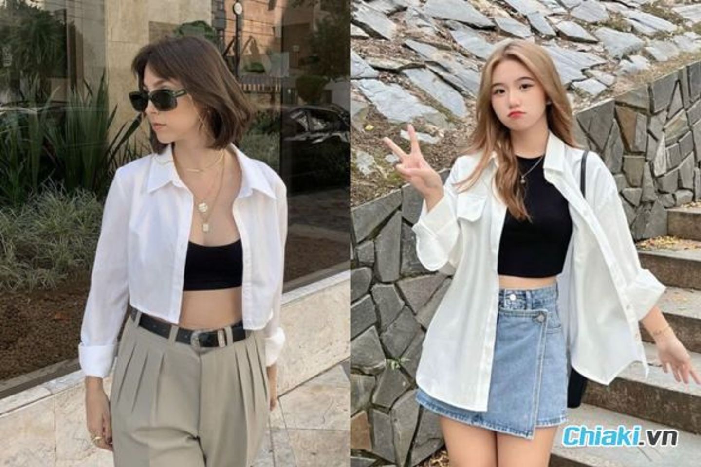 &Aacute;o sơ mi d&aacute;ng rộng phối c&ugrave;ng &aacute;o croptop hoặc &aacute;o hai d&acirc;y