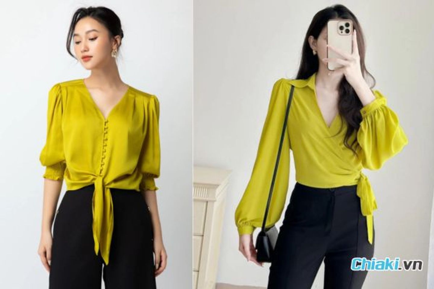 &Aacute;o sơ mi lụa xanh l&aacute;, buộc vạt