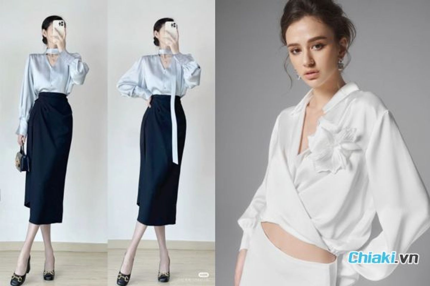 &Aacute;o sơ mi lụa b&ocirc;ng nơ, thắt eo