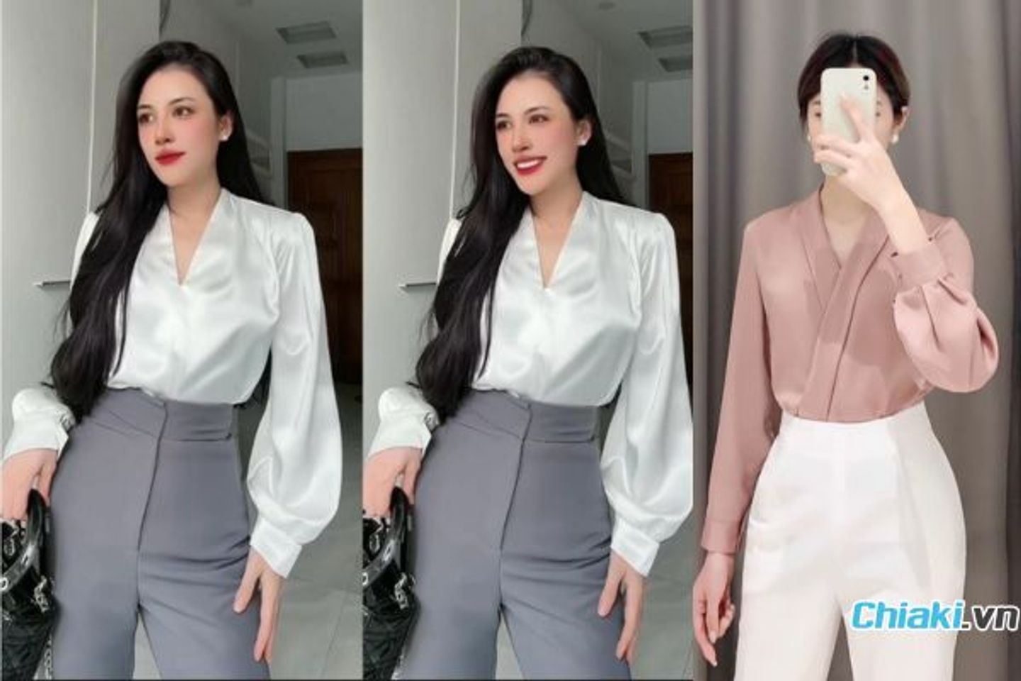 &Aacute;o sơ mi lụa cổ V + quần t&acirc;y ống su&ocirc;ng