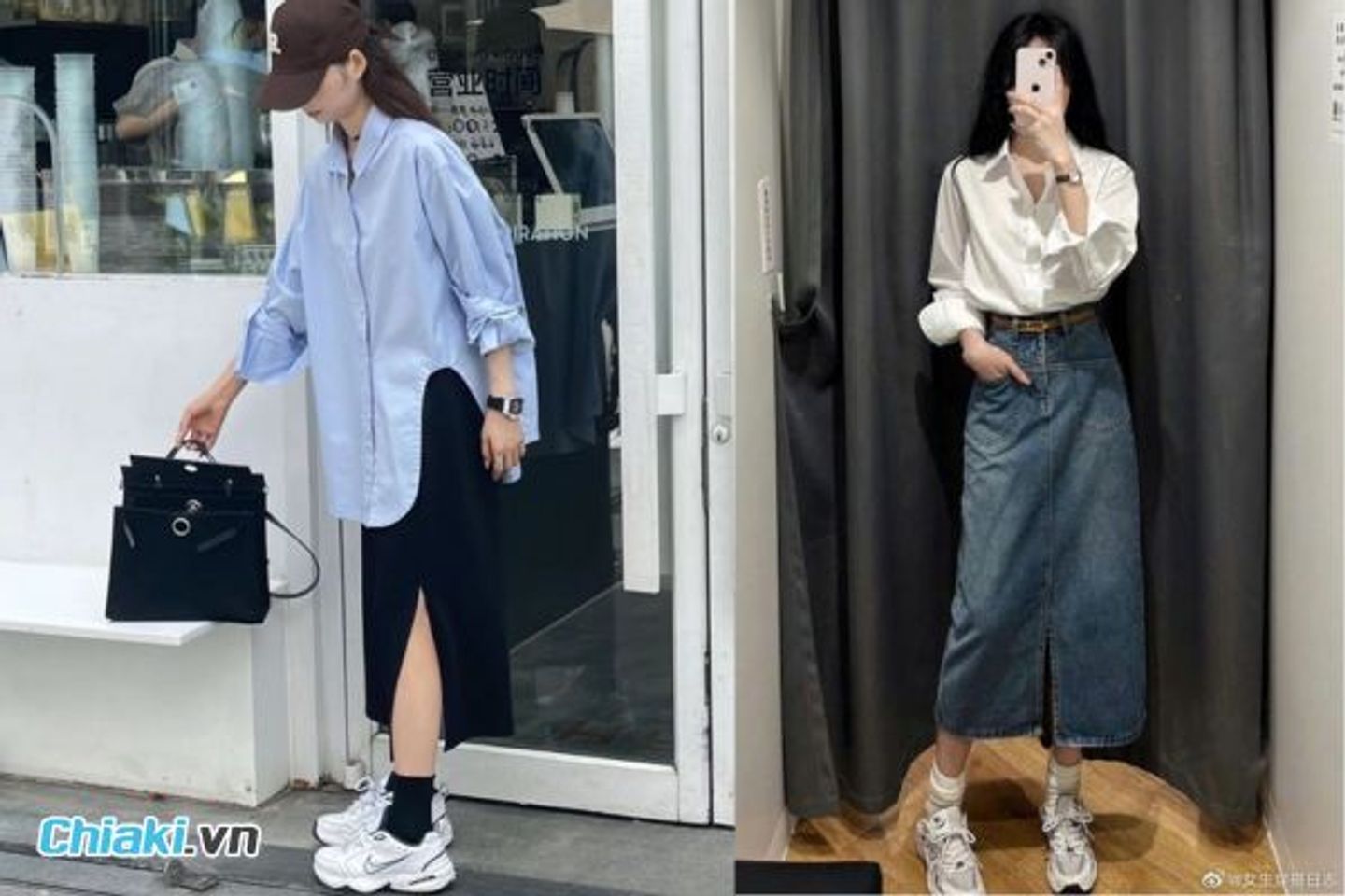 &Aacute;o sơ mi su&ocirc;ng rộng + ch&acirc;n v&aacute;y d&agrave;i