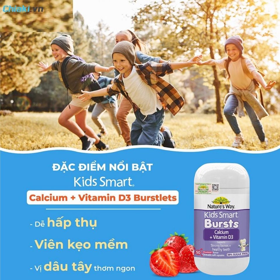 Canxi hữu cơ &Uacute;c Nature's Way Kids Smart Calcium + Vitamin D3 Burstlets duy tr&igrave; c&acirc;n bằng trong qu&aacute; tr&igrave;nh h&igrave;nh th&agrave;nh xương ở trẻ