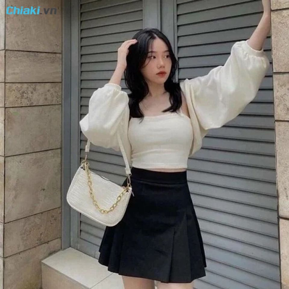Mix ch&acirc;n v&aacute;y xếp ly v&agrave; &aacute;o tay bồng