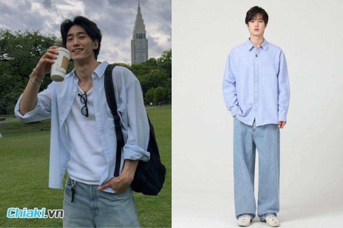 &Aacute;o sơ mi form rộng phối c&ugrave;ng quần jean