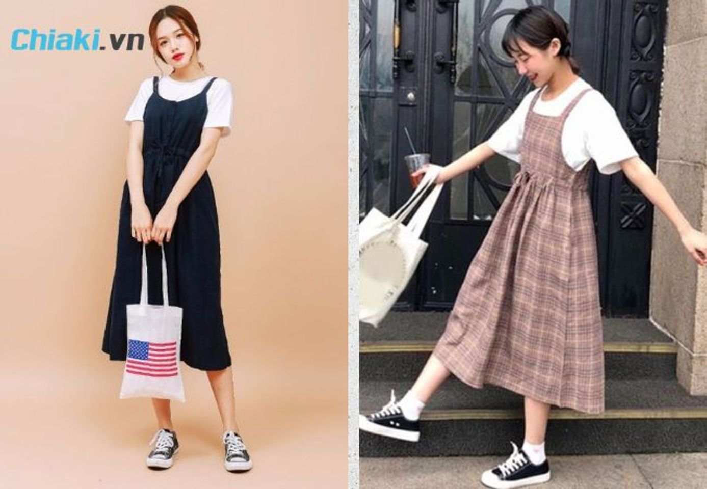 Phối t&uacute;i Tote c&ugrave;ng quần/v&aacute;y yếm nữ t&iacute;nh