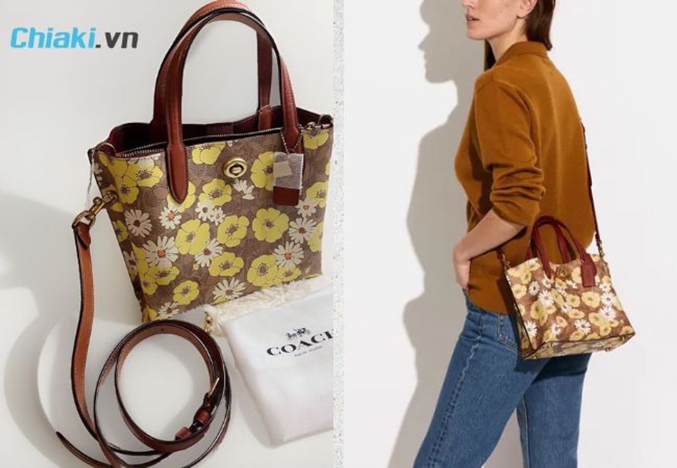 T&uacute;i x&aacute;ch Coach Willow Tote 24 In Signature Canvas With Floral Print C9721 Brass/Tan Rust Multi
