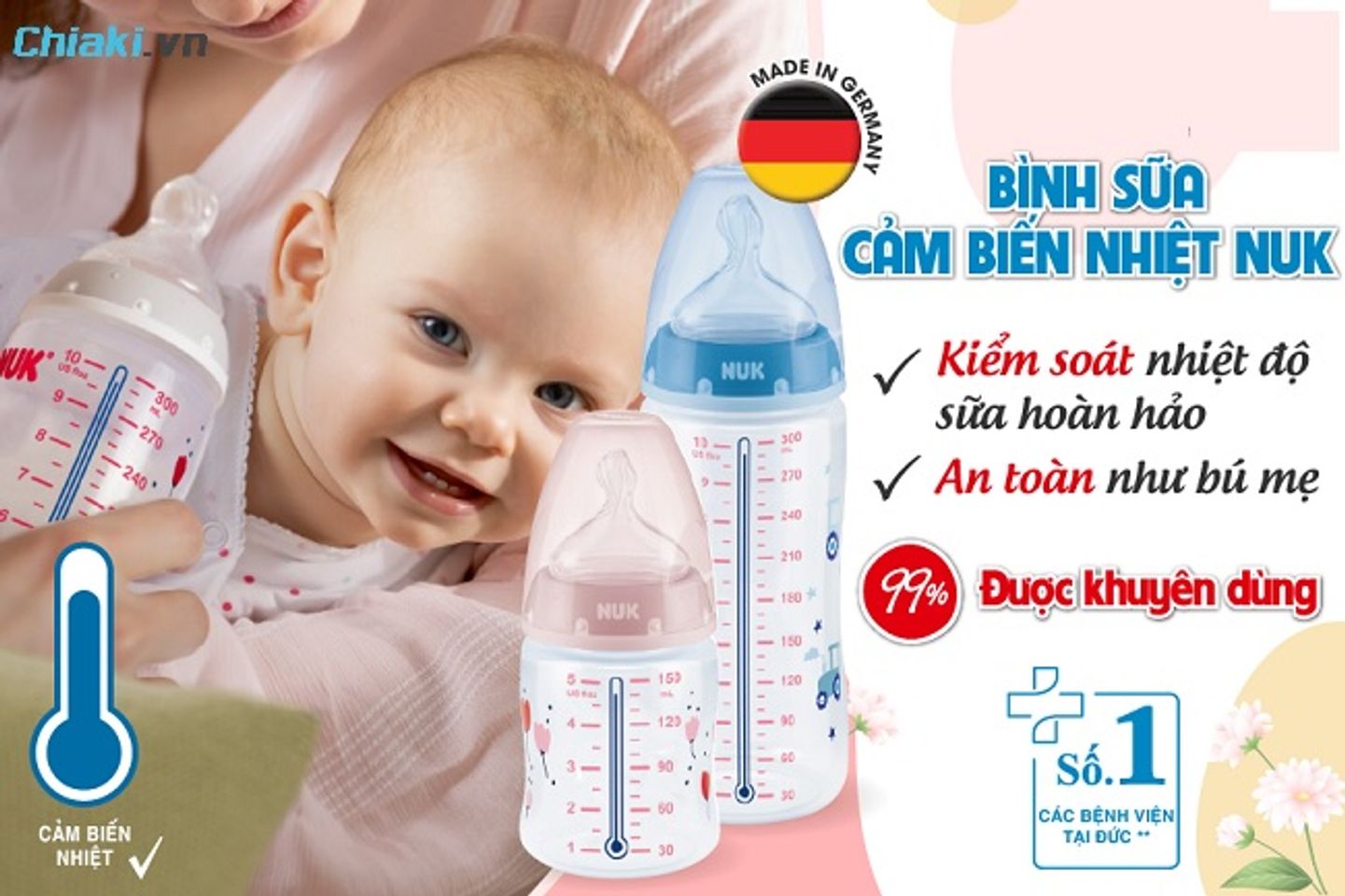 B&igrave;nh sữa cảm biến nhiệt NUK&nbsp;an to&agrave;n cho b&eacute; b&uacute; b&igrave;nh