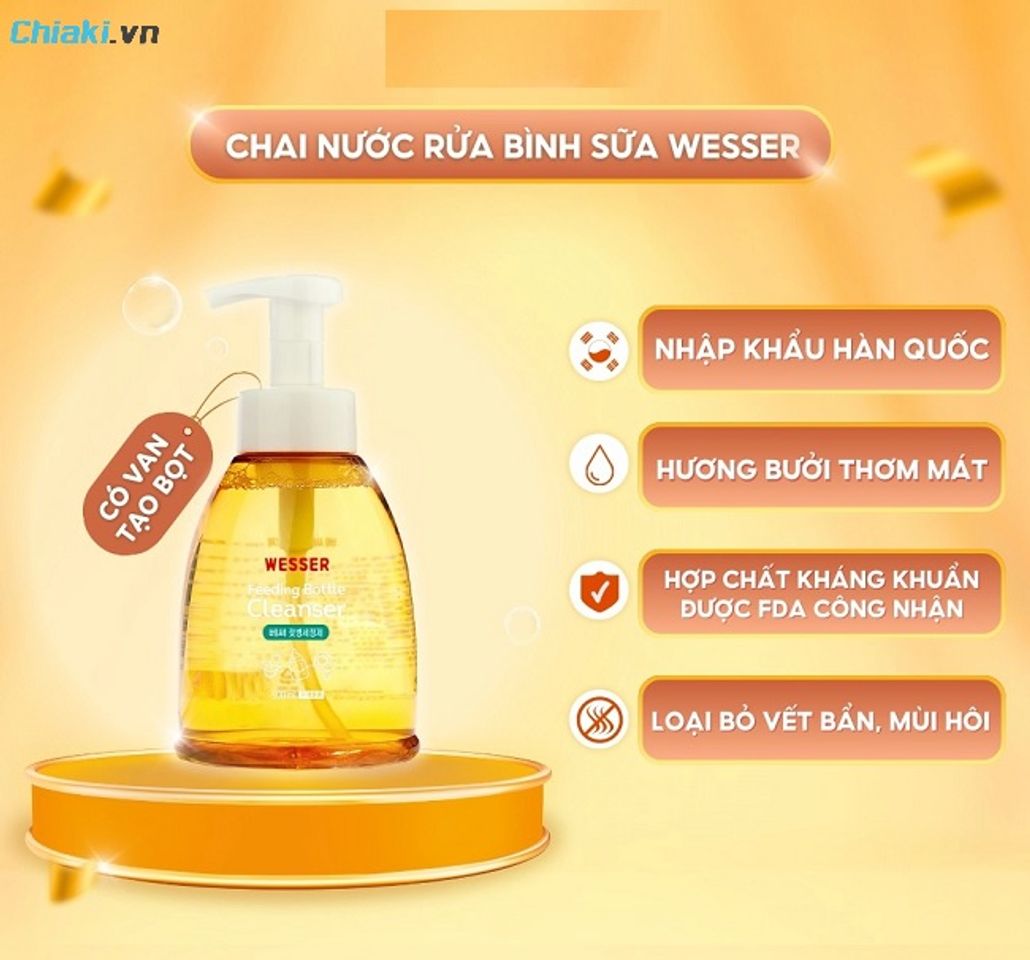 Nước rửa b&igrave;nh kh&ocirc;ng h&oacute;a chất Wesser H&agrave;n Quốc kh&ocirc;ng g&acirc;y hại cho trẻ sơ sinh v&agrave; trẻ nhỏ