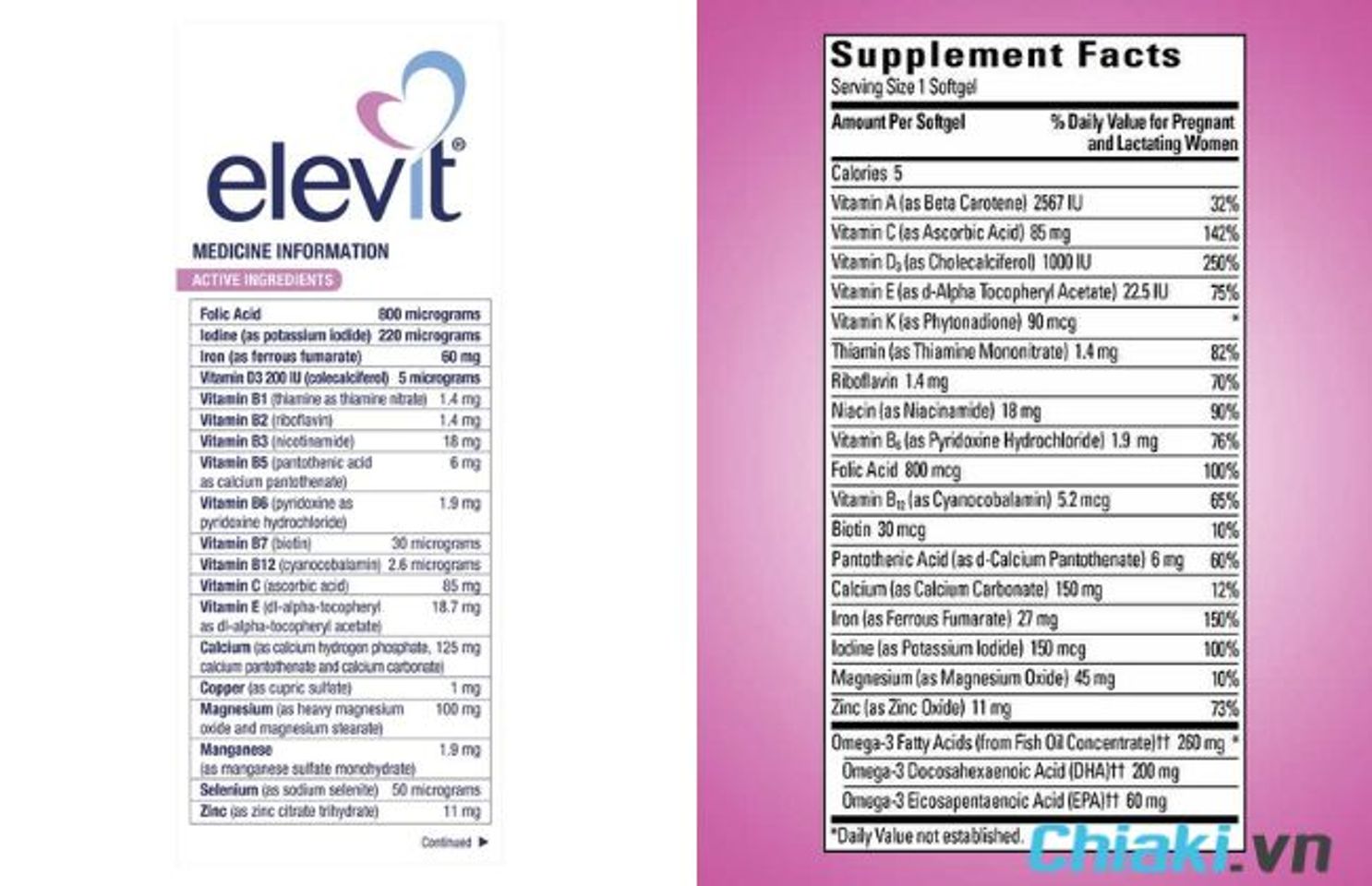 So s&aacute;nh Elevit v&agrave; Prenatal về th&agrave;nh phần dinh dưỡng