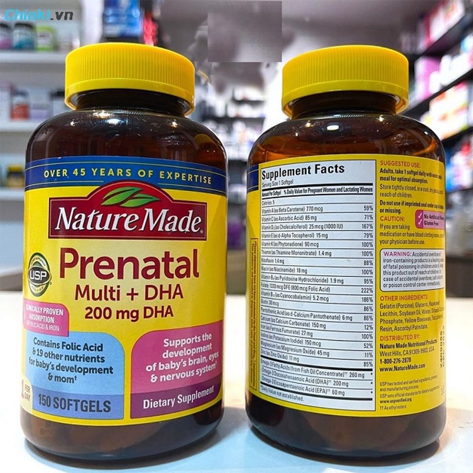 Vitamin tổng hợp Nature Made Prenatal Multi hỗ trợ bổ sung 23 vitamin & kho&aacute;ng chất thiết yếu cho mẹ v&agrave; DHA cho b&eacute;.