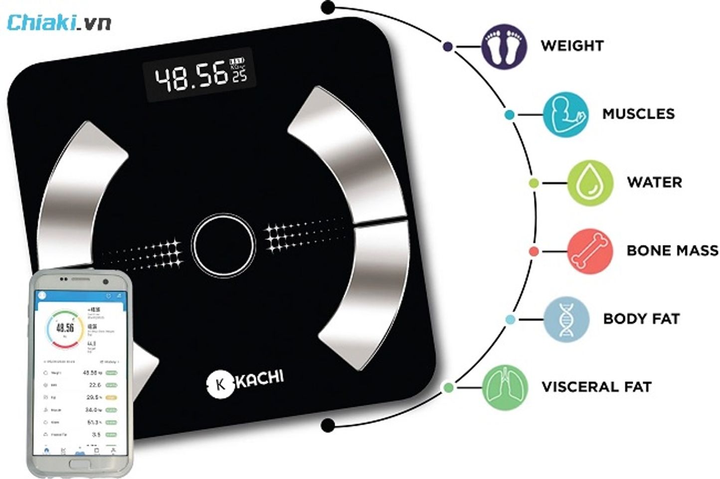 C&acirc;n điện tử Bluetooth Kachi MK223 đồng bộ kết quả với ứng dụng