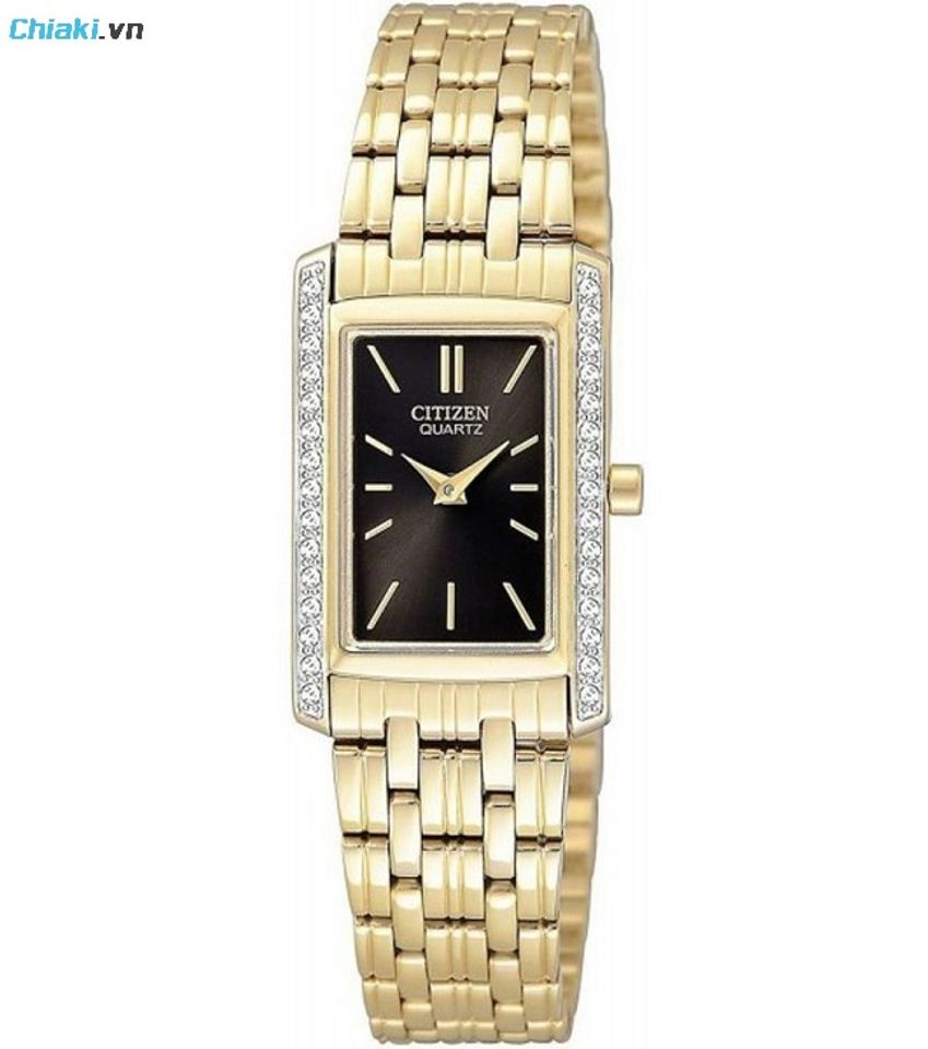 Đồng hồ Citizen EK1122-50E được thiết kế mặt vu&ocirc;ng kết hợp với viền bezel đ&iacute;nh đ&aacute; lấp l&aacute;nh
