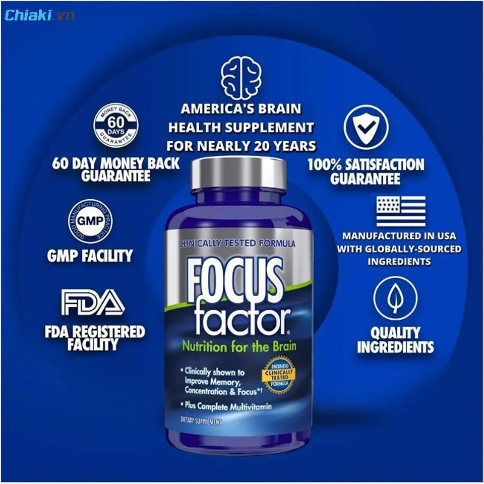 Thuốc bổ n&atilde;o Focus Factor c&oacute; chứa hơn 40 vitamin, kho&aacute;ng chất v&agrave; chiết xuất thảo dược