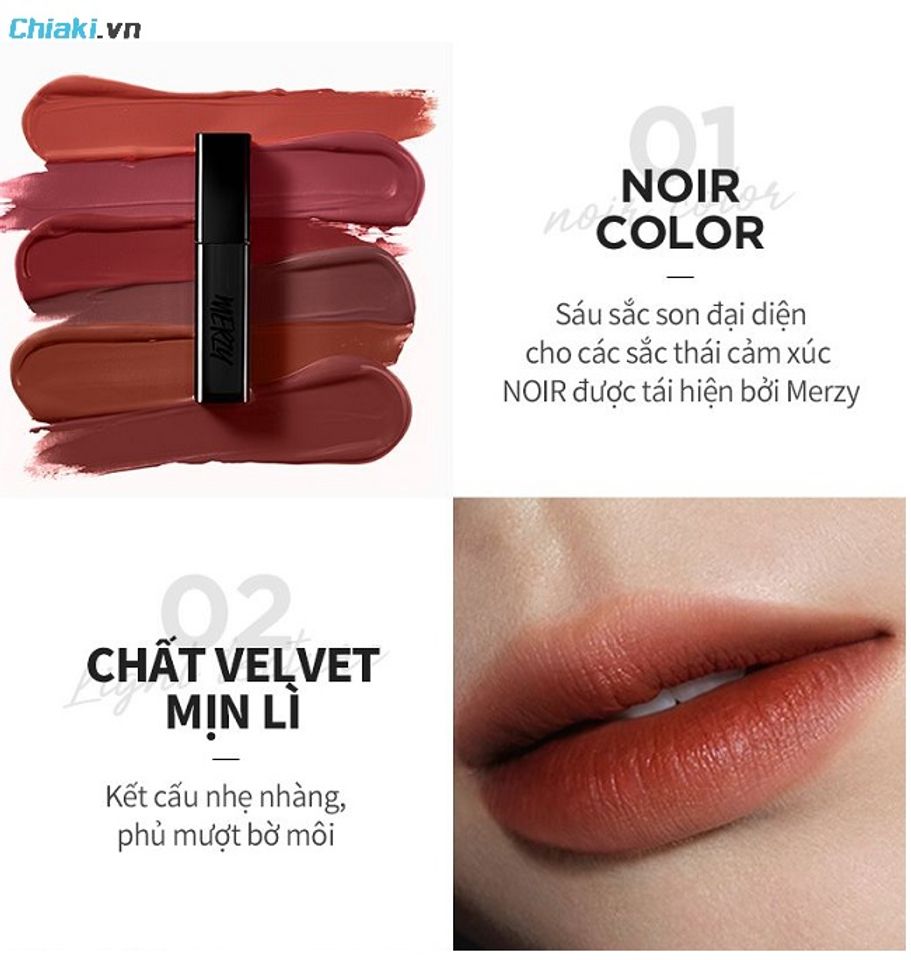 Son Merzy Noir In The Velvet Tint kh&ocirc;ng b&oacute;ng, kh&ocirc;ng &ldquo;ướt&rdquo; như tint b&oacute;ng