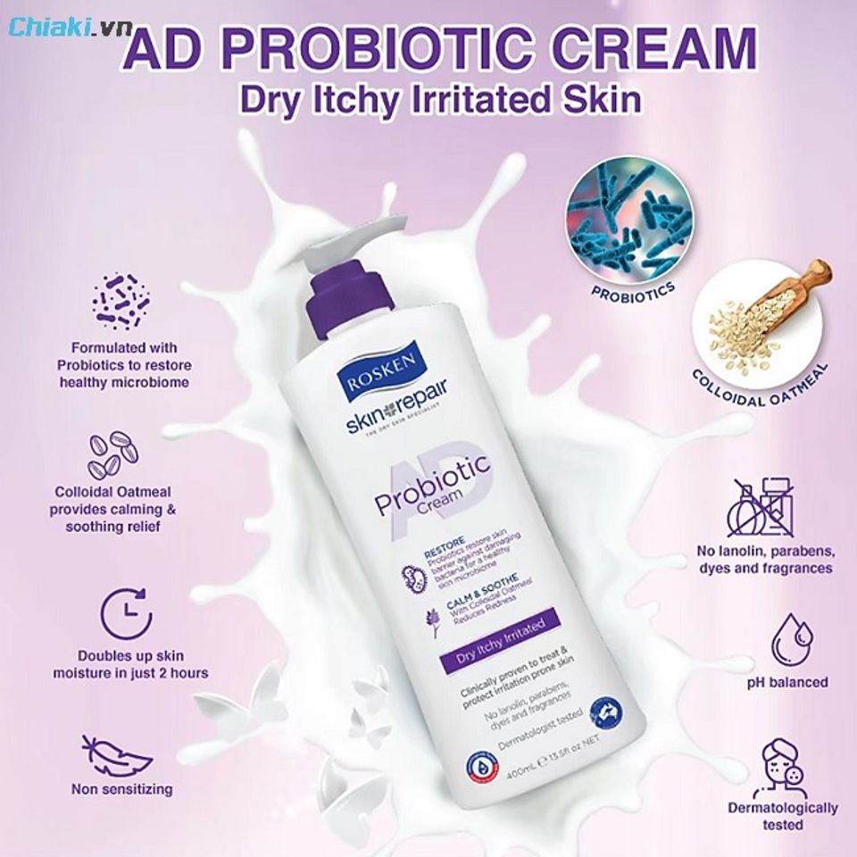 Kem dưỡng ẩm Rosken AD Probiotic Cream tăng độ ẩm, giảm ngứa, hỗ trợ cải thiện h&agrave;ng r&agrave;o da