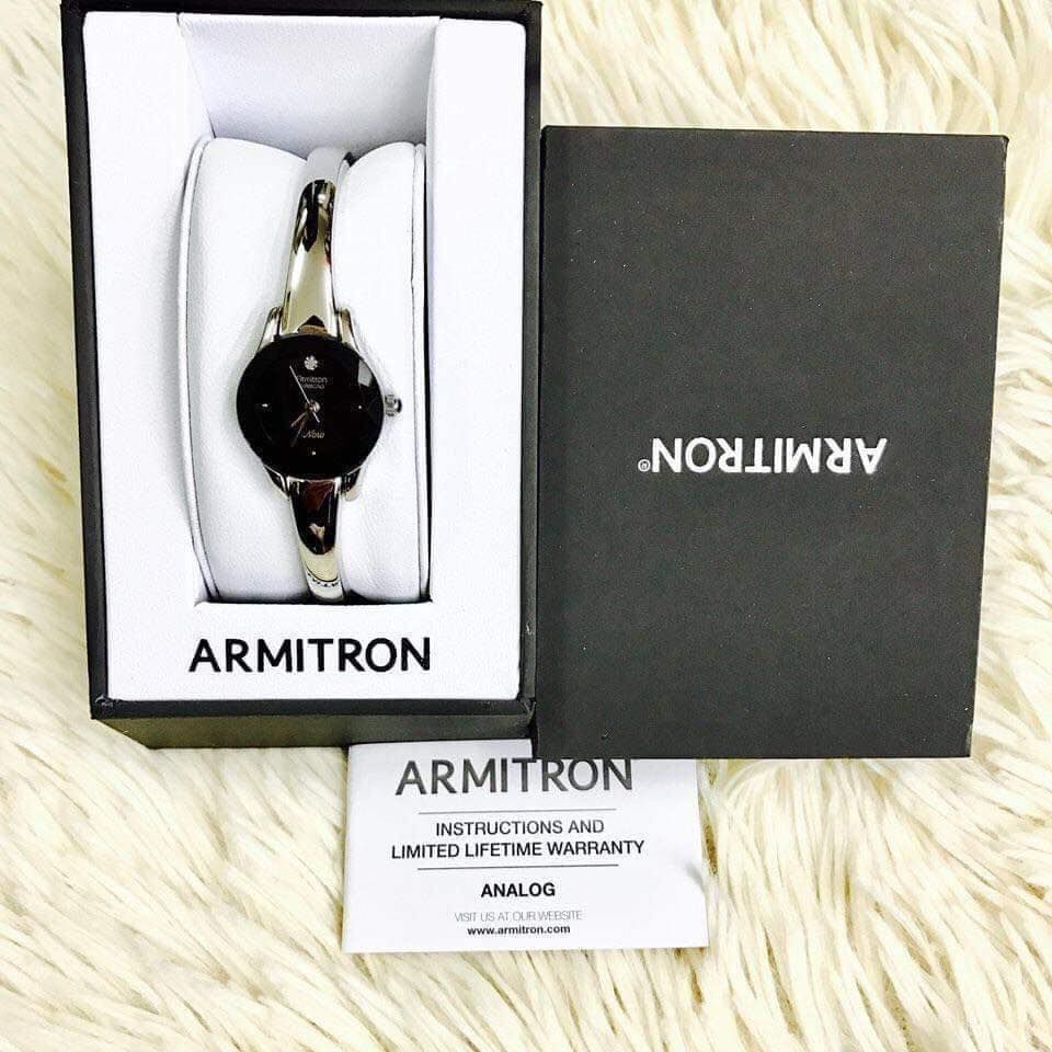 Đồng hồ nữ Armitron 75 5327BKSV case 22mm dây bạc mặt đen 1