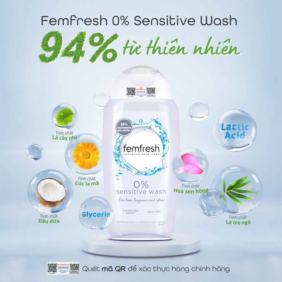 Dung dịch vệ sinh phụ nữ cao cấp cho da nhạy cảm Femfresh 0% Sensitive Wash 250ml hiện đã có mặt tại Chiaki.vn