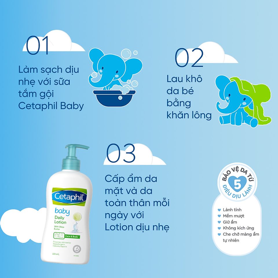 Các bước chăm sóc da bé với Sữa Tắm Gội Dịu Nhẹ Cetaphil Baby Gentle Wash & Shampoo
