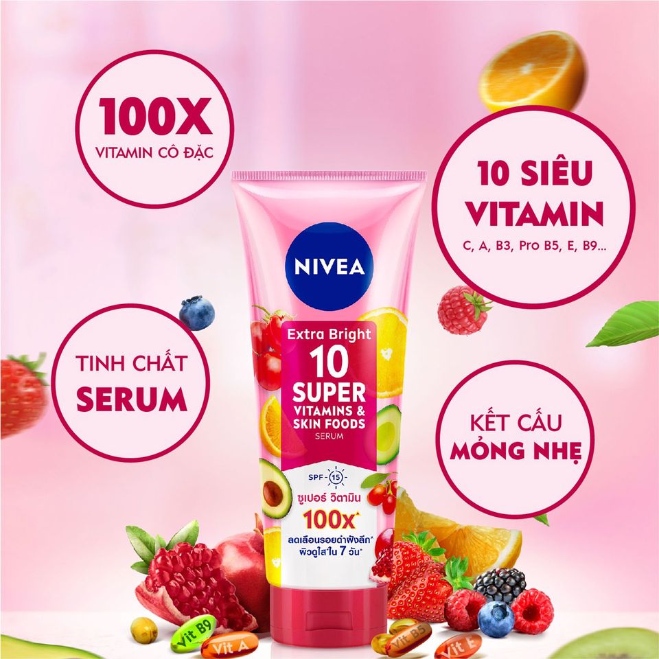 Tinh Chất Dưỡng Thể Sáng Da, Mờ Thâm Nám Nivea Extra Bright 10 Super Vitamins & Skin Foods Serum 180ml hiện đã có mặt tại Chiaki.vn.