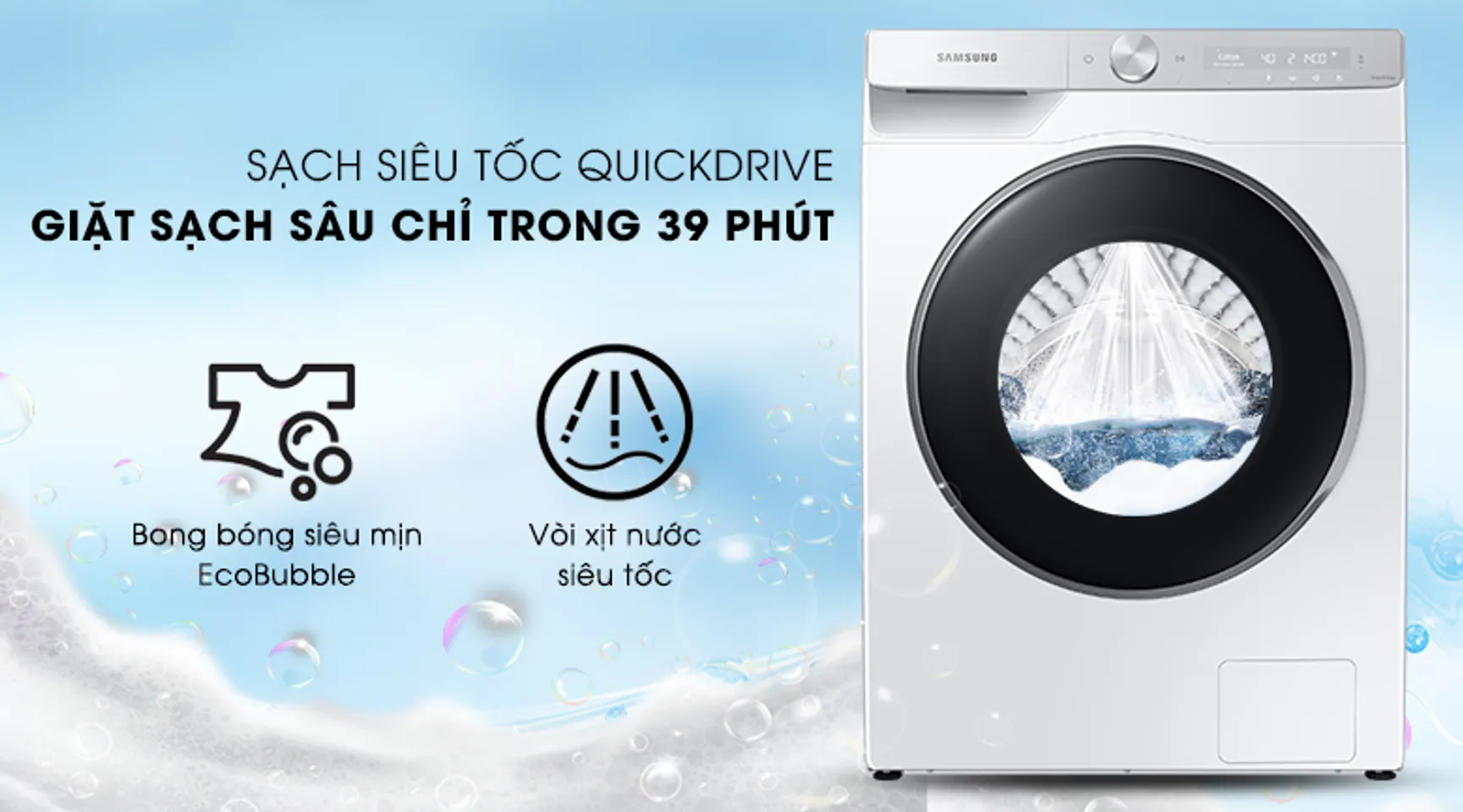 Máy giặt Samsung AI Inverter 9kg WW90TP44DSH/SV - Sạch siêu tốc QuickDrive