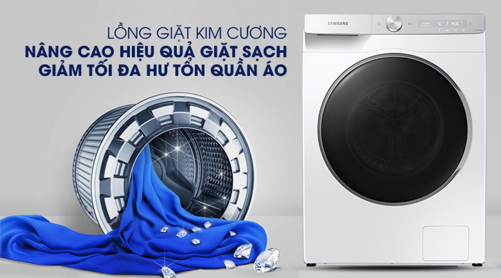 Máy giặt Samsung AI Inverter 9kg WW90TP44DSH/SV - Lồng giặt kim cương giảm hư tổn quần áo