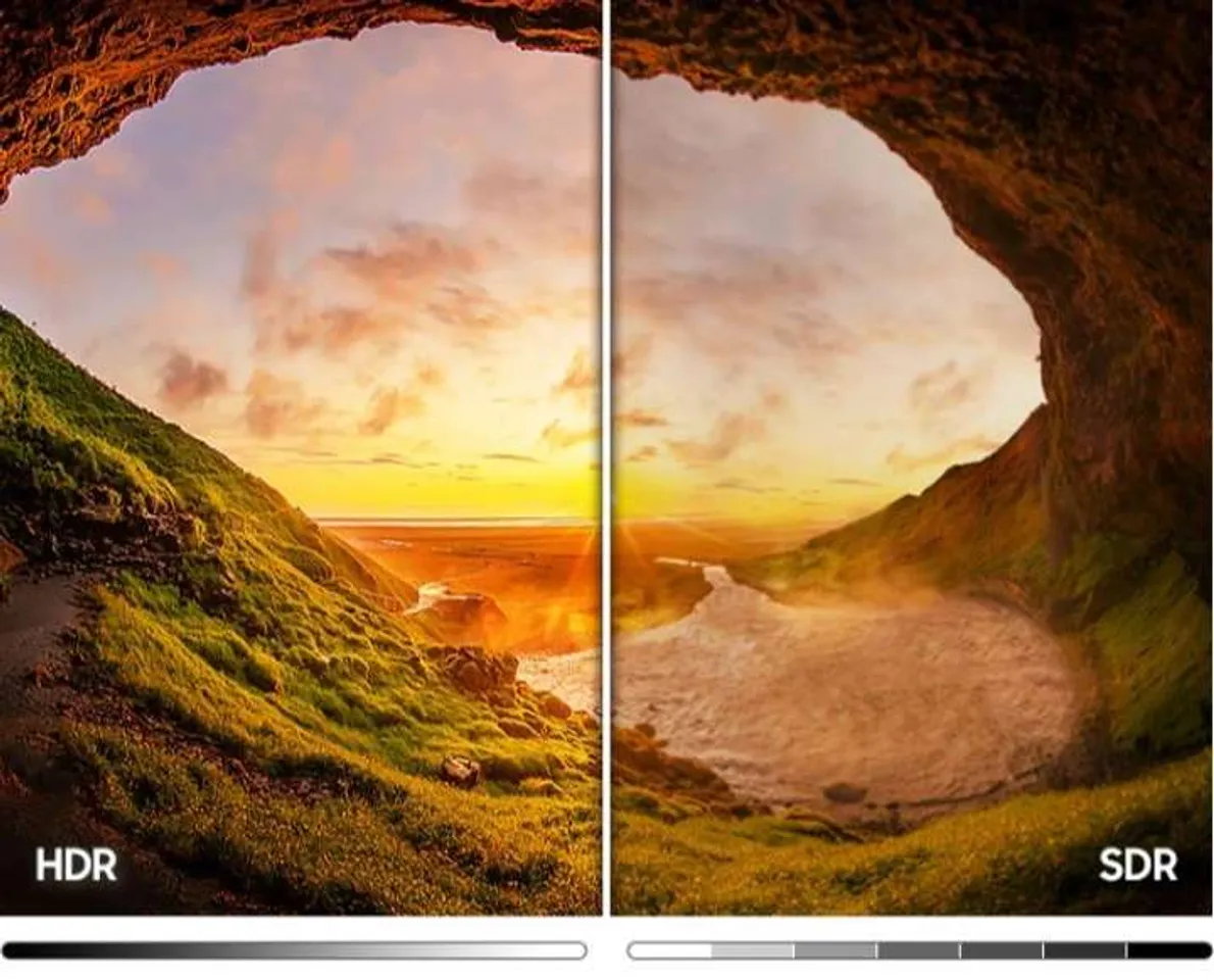 Hình ảnh hang động bãi biển ở bên trái so với Hình ảnh SDR ở bên phải cho thấy phạm vi mức độ sáng và tối rộng hơn do công nghệ HDR.