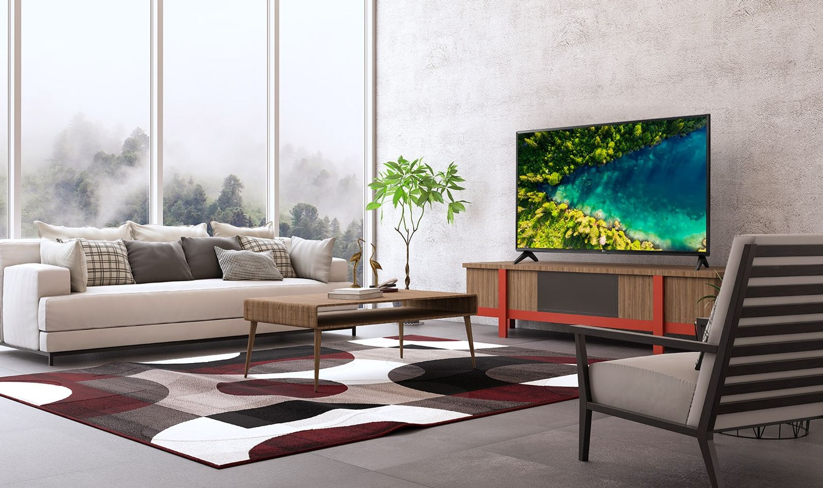 Một chiếc TV thể hiện một dòng sông chảy trong khu rừng rậm rạp của Top View từ khung cảnh một ngôi nhà hiện đại và đơn giản.