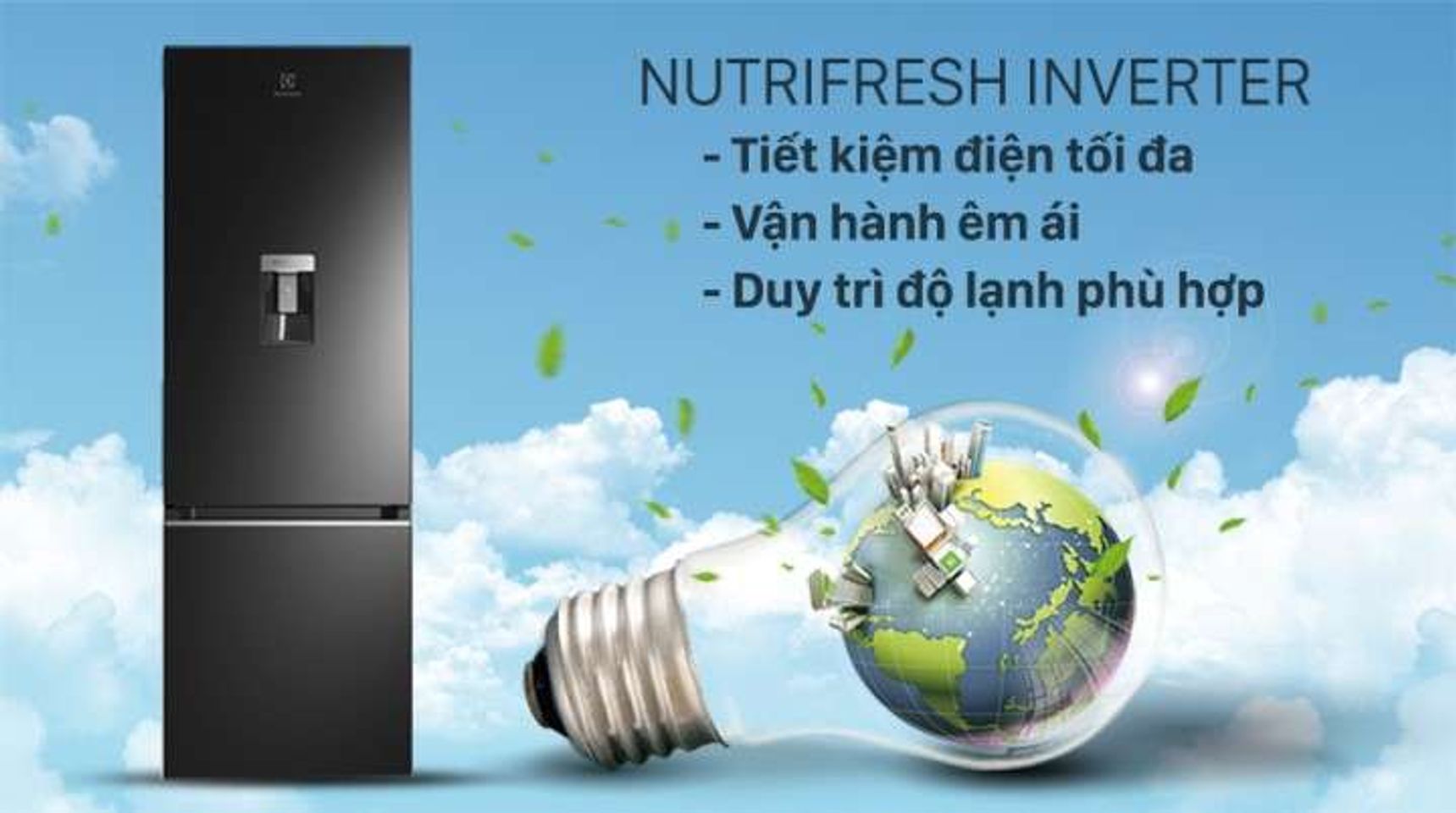 Tủ lạnh Electrolux Inverter 308 lít EBB3462K-H-Mang lại hiệu quả tiết kiệm điện với công nghệ NutriFresh Inverter