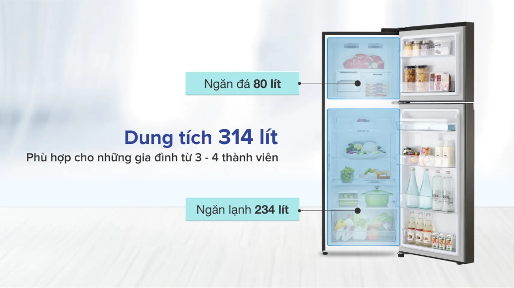 Tủ lạnh LG Inverter 314 Lít GN-D312BL - Dung tích phù hợp sử dụng cho gia đình 3 - 4 người 